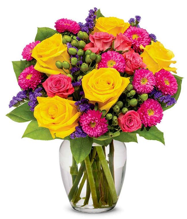 Yellow roses, hot pink roses and asters for delivery
