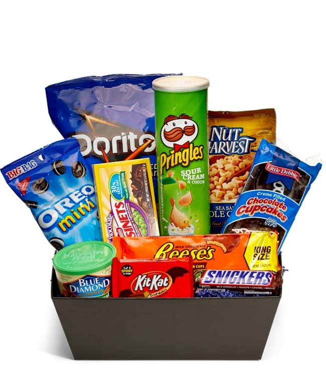Chips, Candy and Nuts delivered in a basket