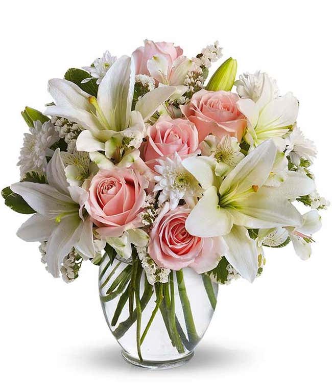 Pink roses, white lilies and white mums